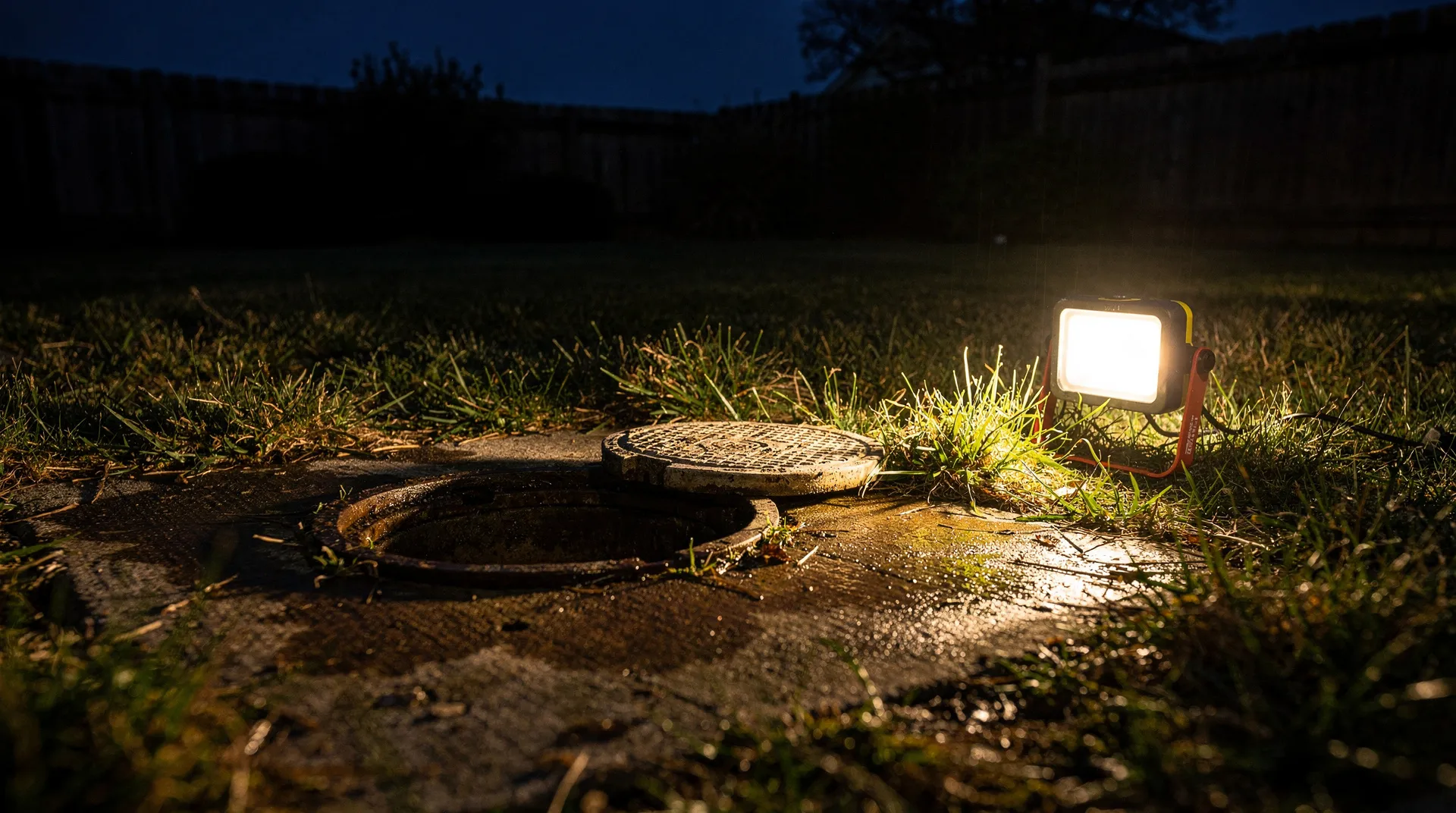 A sewer cleanout in a dark backyard, lit by a work light.